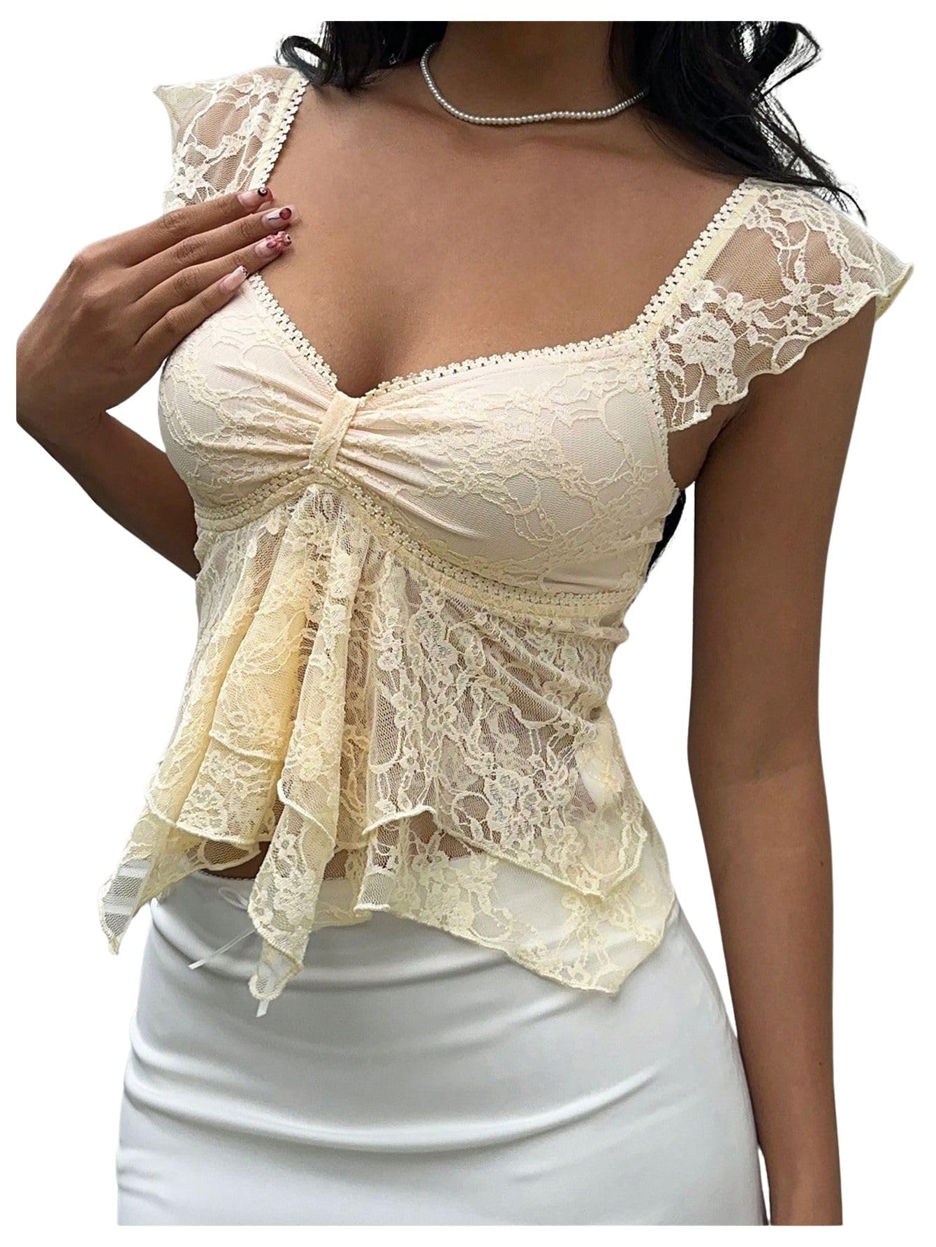 Verdusa Women's Y2k Going Out Tops Floral Lace Cap Sleeve T Shirts Ruched Layered Ruffle Vintage Crop Tops