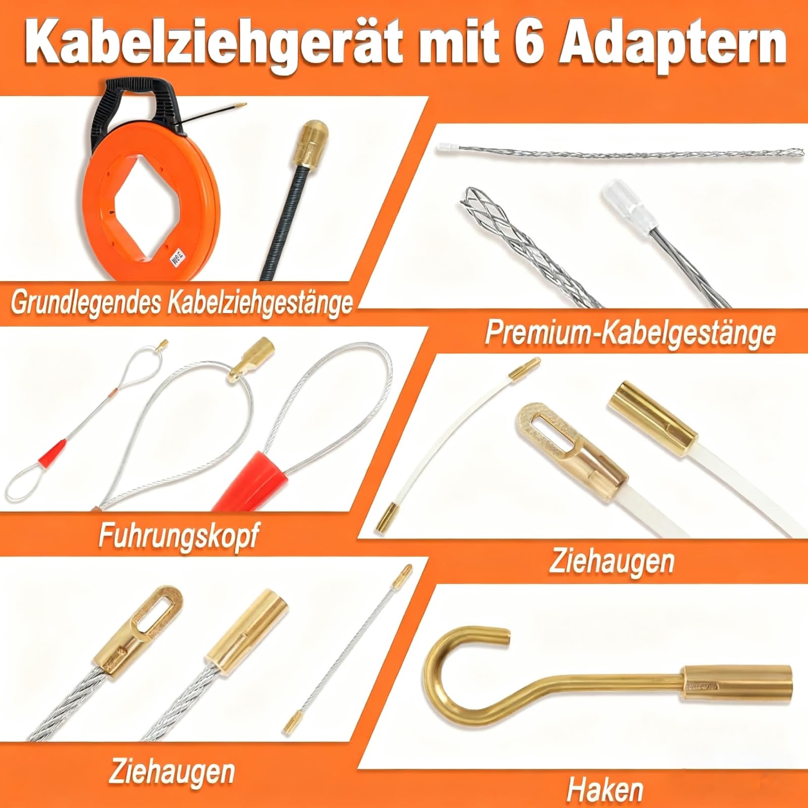Gekufa Sonda Passacavi Cavo da 30 m, 4 mm, Sonda Tiracavi con 6 adattatori, filo di trazione con alloggiamento in plastica e maniglia, molla di estrazione per la posa dei cavi (arancione)