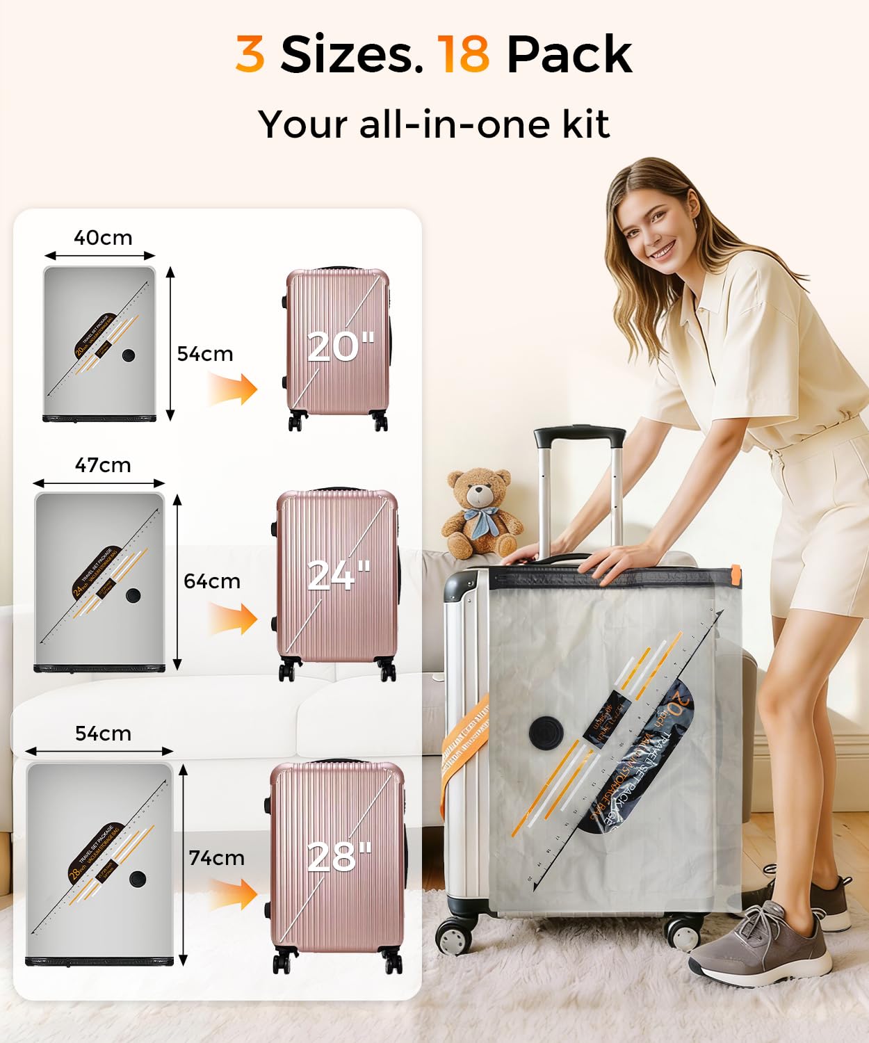 Bolsas de almacenamiento al vacío para viajes con bomba eléctrica, paquete de 18 bolsas de embalaje de compresión para equipaje de mano y maleta, ahorro de espacio para ropa, ropa, viajes y