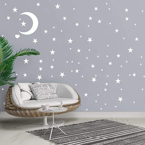 Miniatura 2 de Easma Calcomanías de pared de estrellas (191 estrellas+1 luna + 1 corazón) 3 tamaños de estrellas blancas y luna, calcomanías extraíbles para