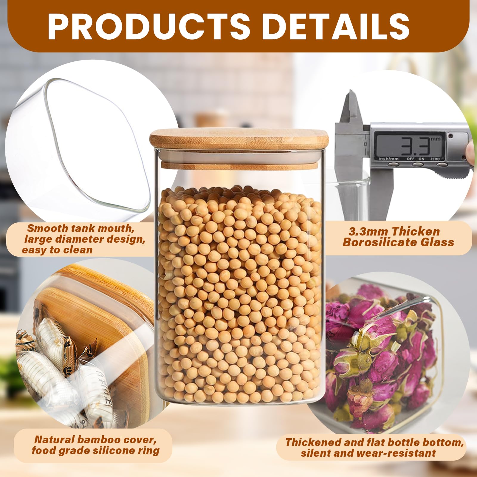 4 Barattoli di Cucina in Vetro con Coperchio in Bambù, 1100ml Contenitore Pasta Grande, Contenitori Ermetici in Vetro, Barattoli Cucina per conservare cereali, zucchero, caffè, Tè