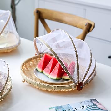 Food Serving Tent Basket 12 inch Covered Round Bamboo Food Storage Container Basket Dustproof Picnic Basket Hand-Woven Dustpan with Mesh Gauze Cover for Vegetable Fruit Bread Picnics Parties