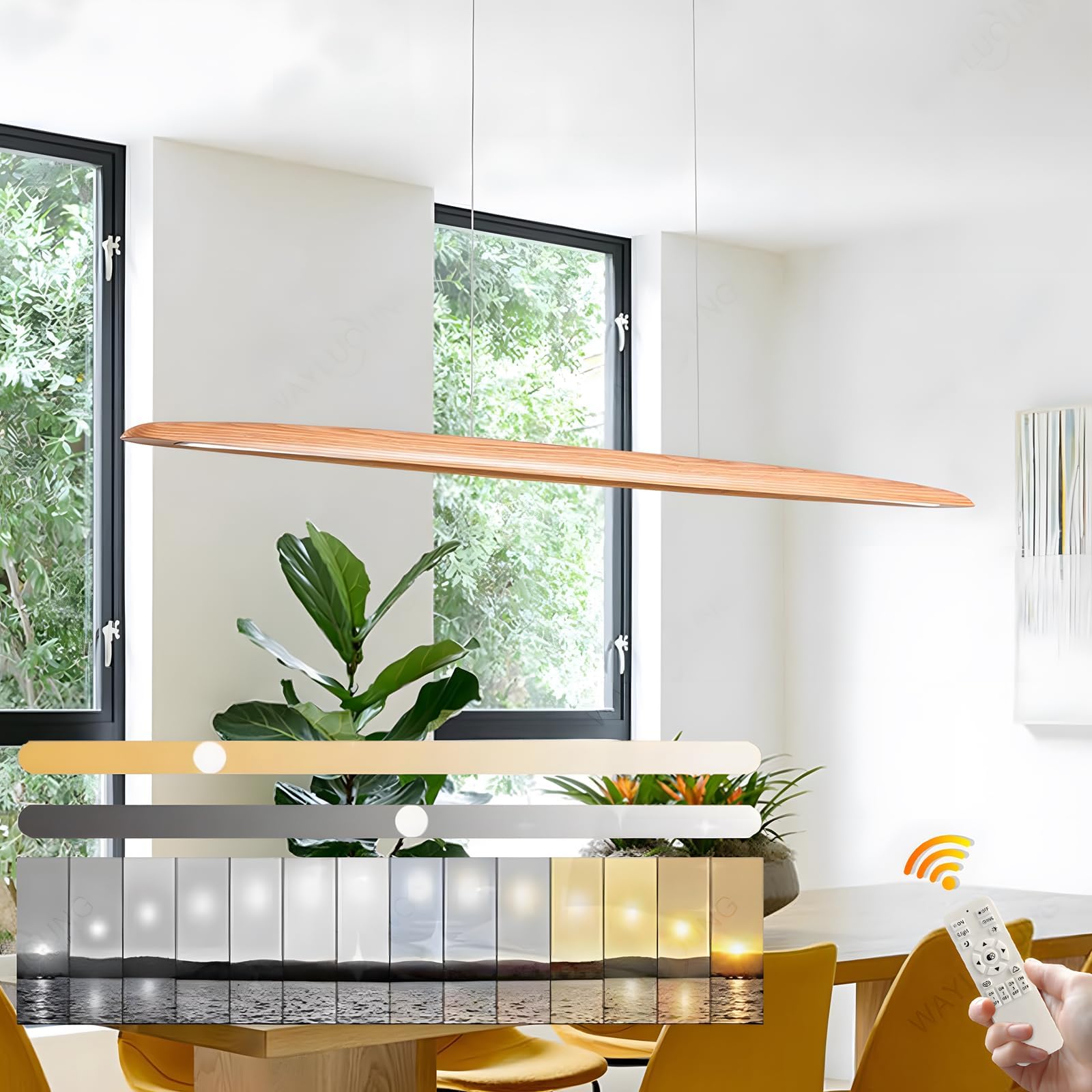 LED Holz Pendelleuchte Esstisch Pendelleuchte, Dimmbar mit Fernbedienung Pendellampe, Höhenverstellbar, Modernes Geradliniges Design Wohnzimmerlampe Hängend für Büro Esszimmer (100cm)