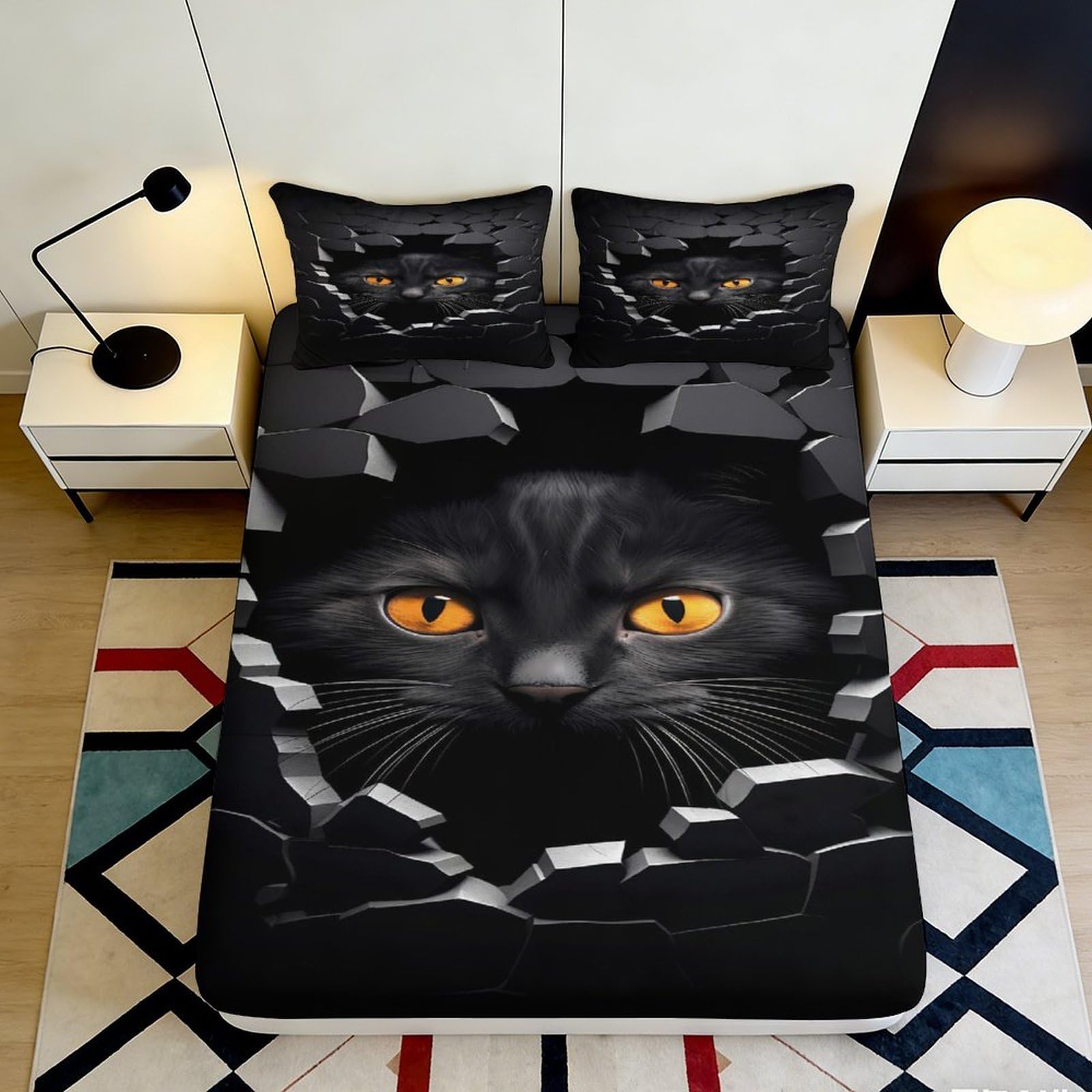 3D Printed Black Cat Fitted Sheet Microfiber Deep Pocket Non-Slip Bedroom Black Cat Mattress Fitted Cover for Adults Teens 140x200x25cm