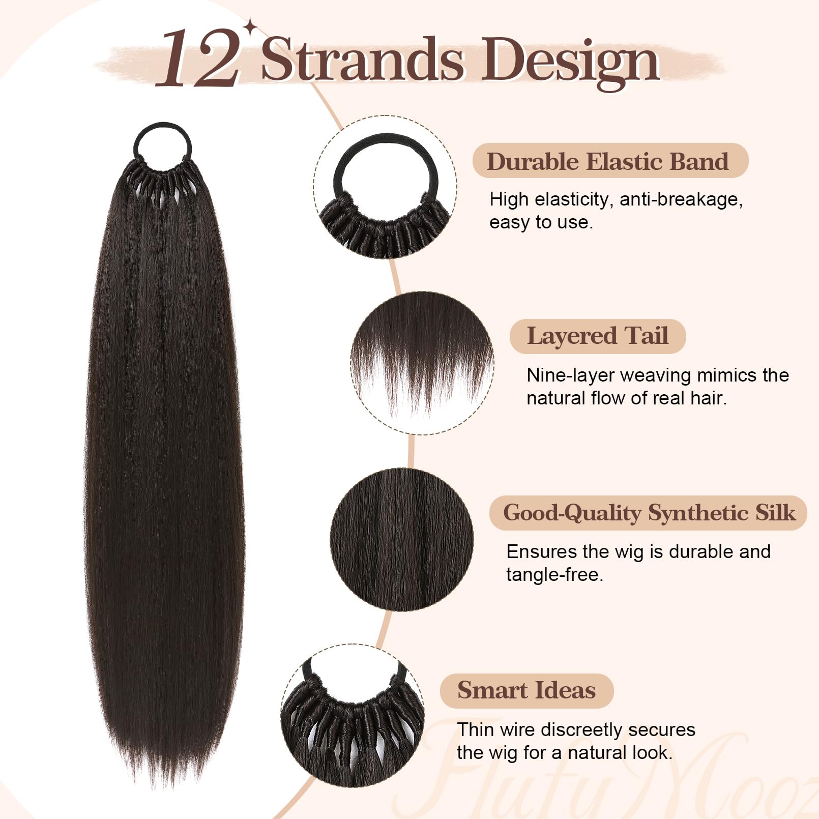 Flufymooz 28 Inch Ponytail Extension, Elastic Band Ponytail Extension for Women Long Straight Synthetic Ponytail Daily Hair Black Brown - Image 2