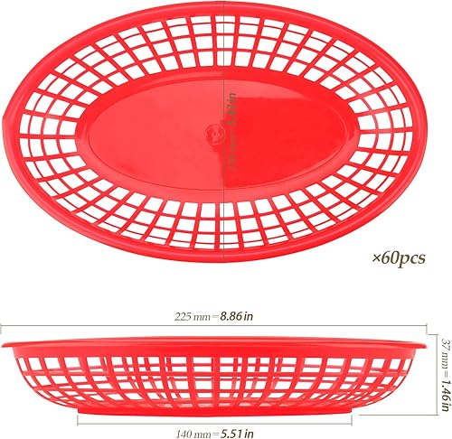 Miniatura 2 de Paquete de 60 cestas ovaladas de plástico rojo para comida rápida, 9 x 5.7 x 1.6 pulgadas, perfectas para picnic, servir delicatessen, pollo,