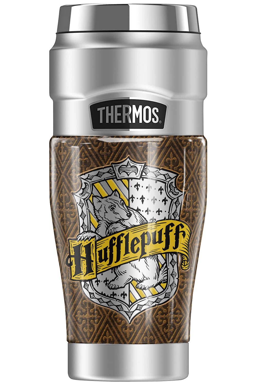 Harry Potter Hufflepuff House Crest THERMOS STAINLESS KING Stainless Steel Travel Tumbler, Vacuum insulated & Double Wall, 16oz