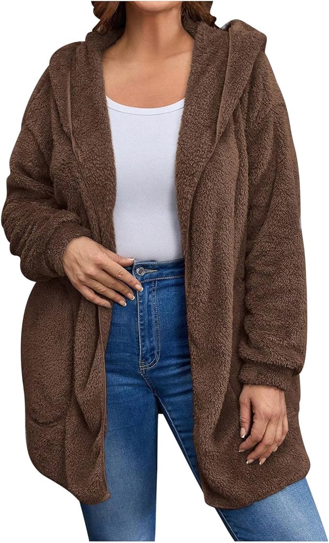 Women's Sherpa Fuzzy Jacket Hoodie Open Front Fleece Hooded Jackets Cardigan Warm Outerwear Fall Coat with Pockets