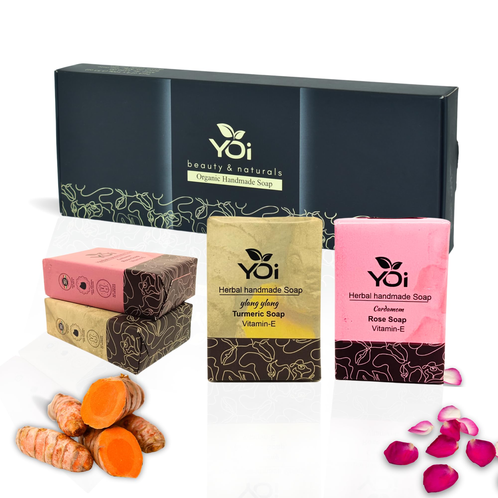 YOi Natural Cold Processed Handmade Soaps for Bath - Natural and Handmade Soaps for Men & Women - Turmeric and Rose Soap for Deeply Clean Pores and Remove Dirt - Pack of 4, Each 100g