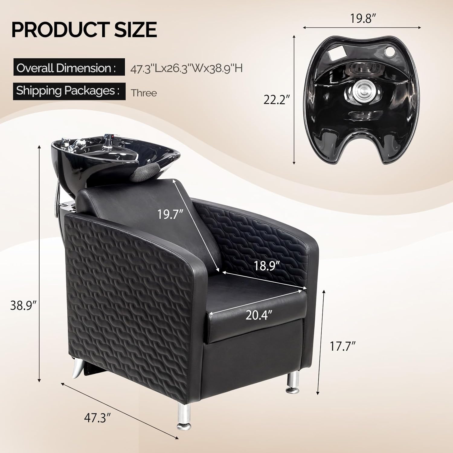 OmySalon Salon Shampoo Bowl and Chair, Shampoo Chair Extra Wide Seat & Porcelain Hair Washing Sink, Shampoo Unit for Beauty Spa Barbershop, Black