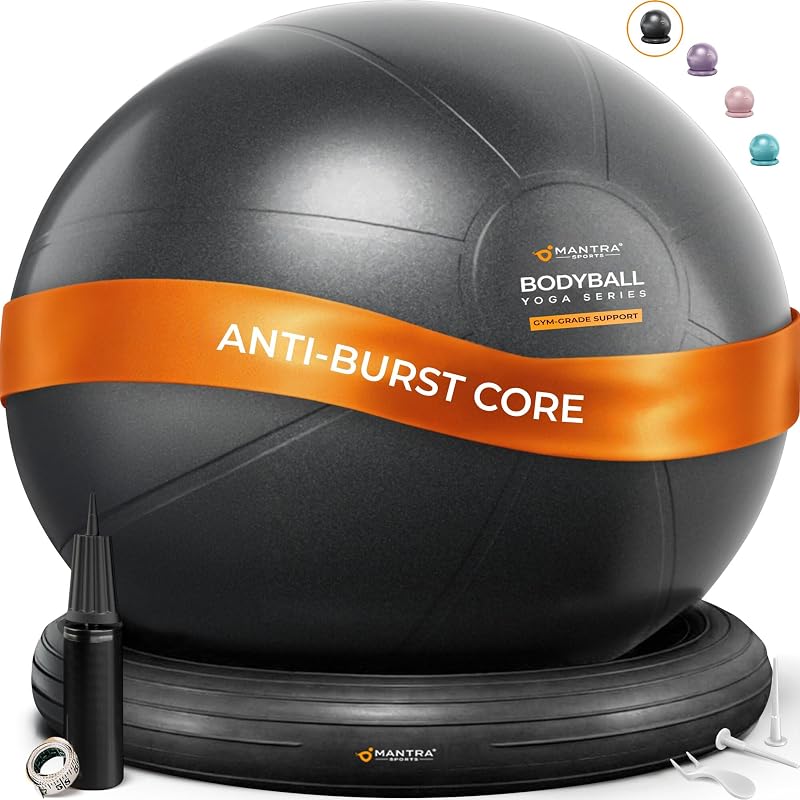 Silla de pelota de yoga para escritorio de oficina con base - Asiento ergonómico de pelota de ejercicio de equilibrio y estabilidad para adultos - Sentado activo para aliviar la postura, el núcleo y el dolor de espalda, gimnasio en casa, terapia, bomba
