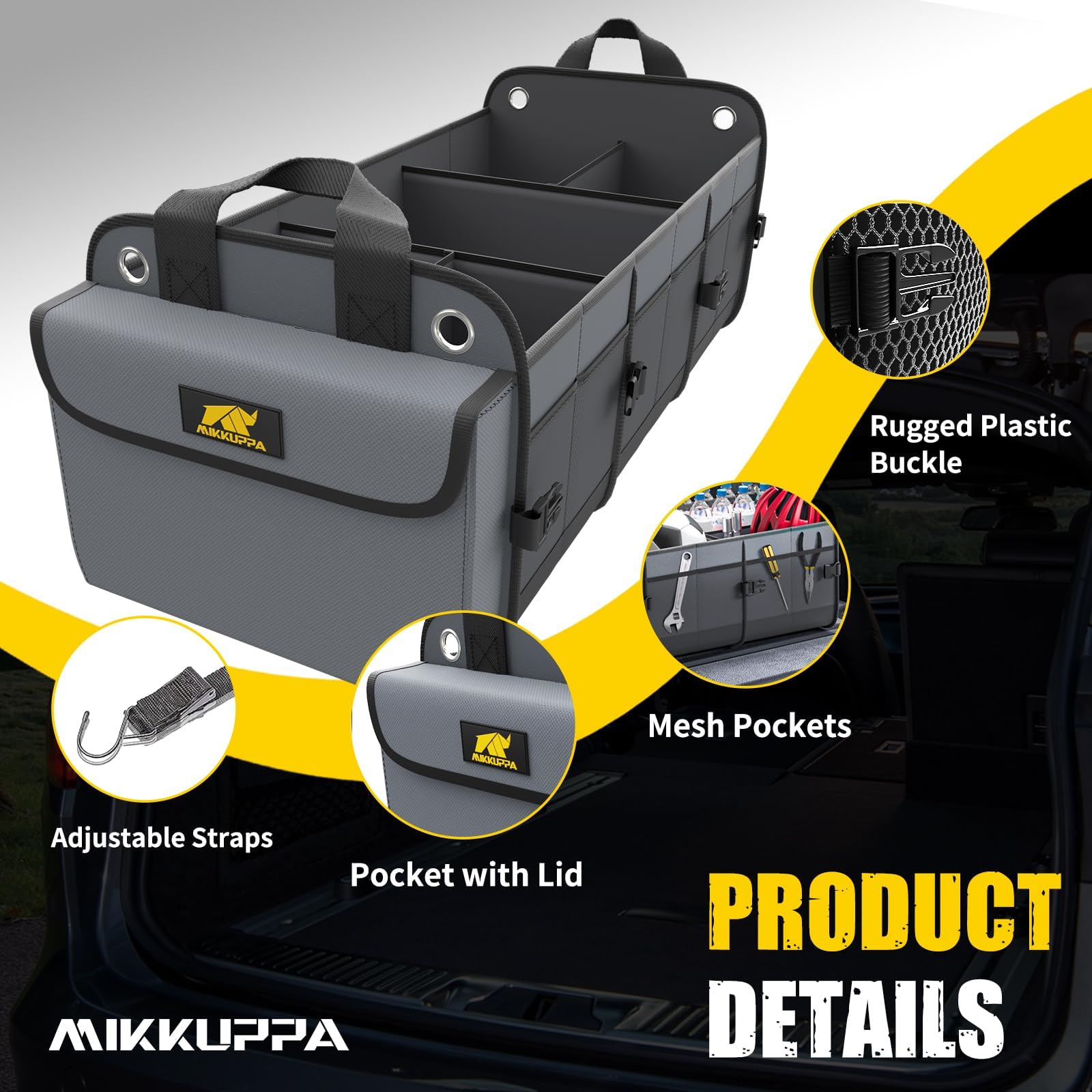 MIKKUPPA Organizer per bagagliaio con refrigeratore, grande organizer per auto, 100 l, in tessuto Oxford 1680D, pieghevole, con 2 cinghie regolabili, per auto, camion, Suv (grigio)