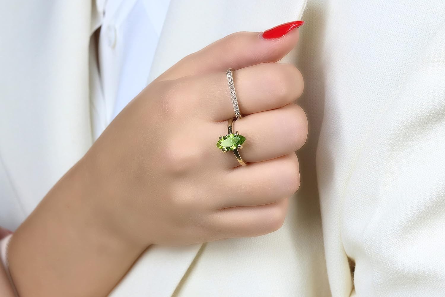 Stylish Peridot Ring - Adorable August Birthstone Ring - Unique Gold Rings for Women - Engagement, Wedding, Anniversary, Birthday Jewelry for Ladies - Customizable Material