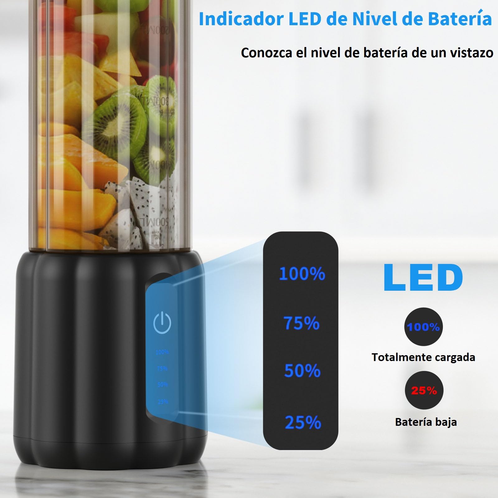 COKUNST Batidora Portátil, Mini Licuadora para Zumos y Batidos, 22000 RPM Trituradora de Alimentos con 6 Cuchillas, Vaso Exprimidor de 500 ml Tapa para Cocina, Deporte, Oficina