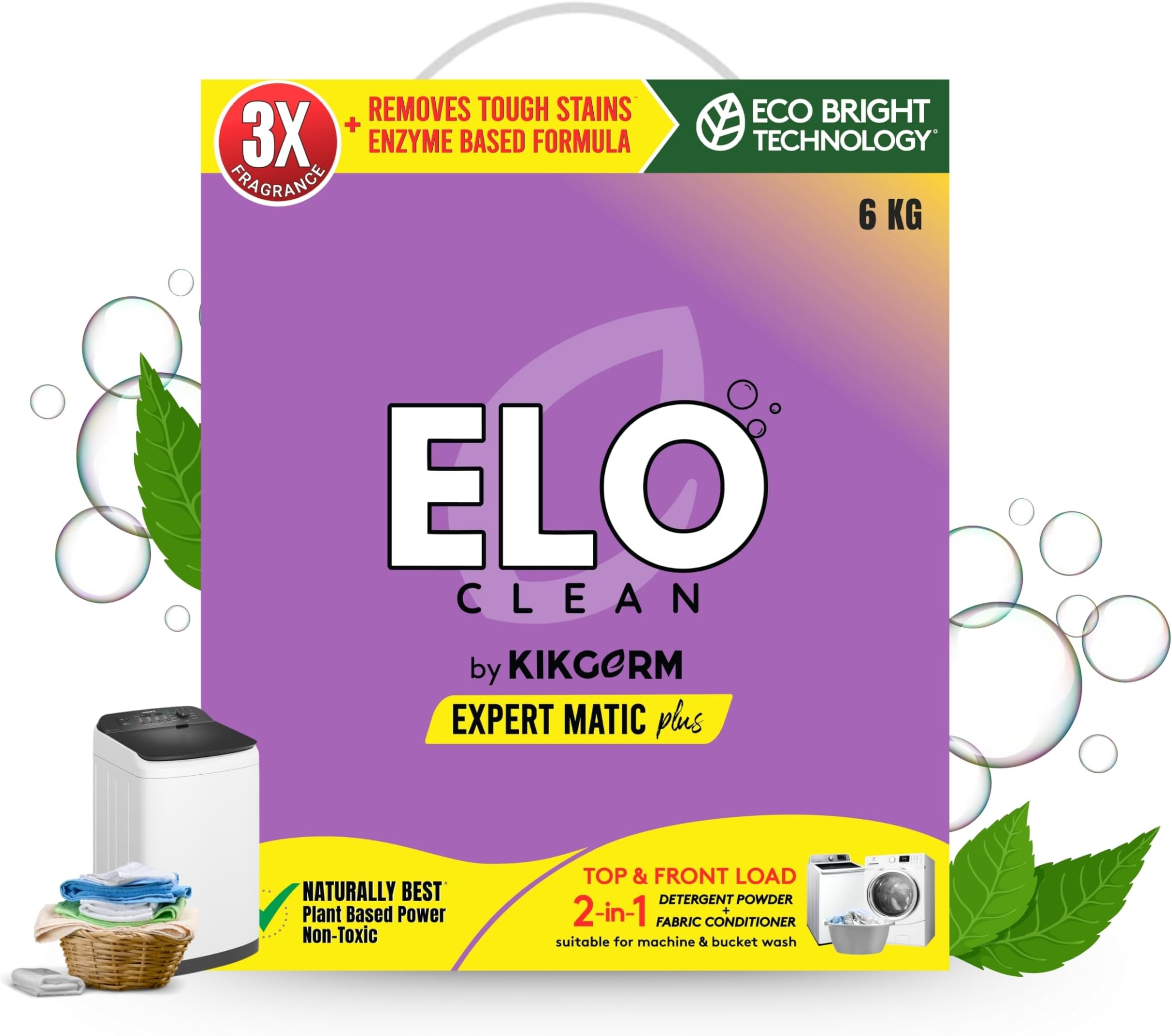 ELO Clean by KIKGERM 2-in-1 ADVANCED Top & Front Load Detergent Powder + FABRIC CONDITIONER (6KG) 4KG +2KG FREE | Tough Stain Removal + Soft Clothes | No Harmful Chemicals | Washing Machines Surf