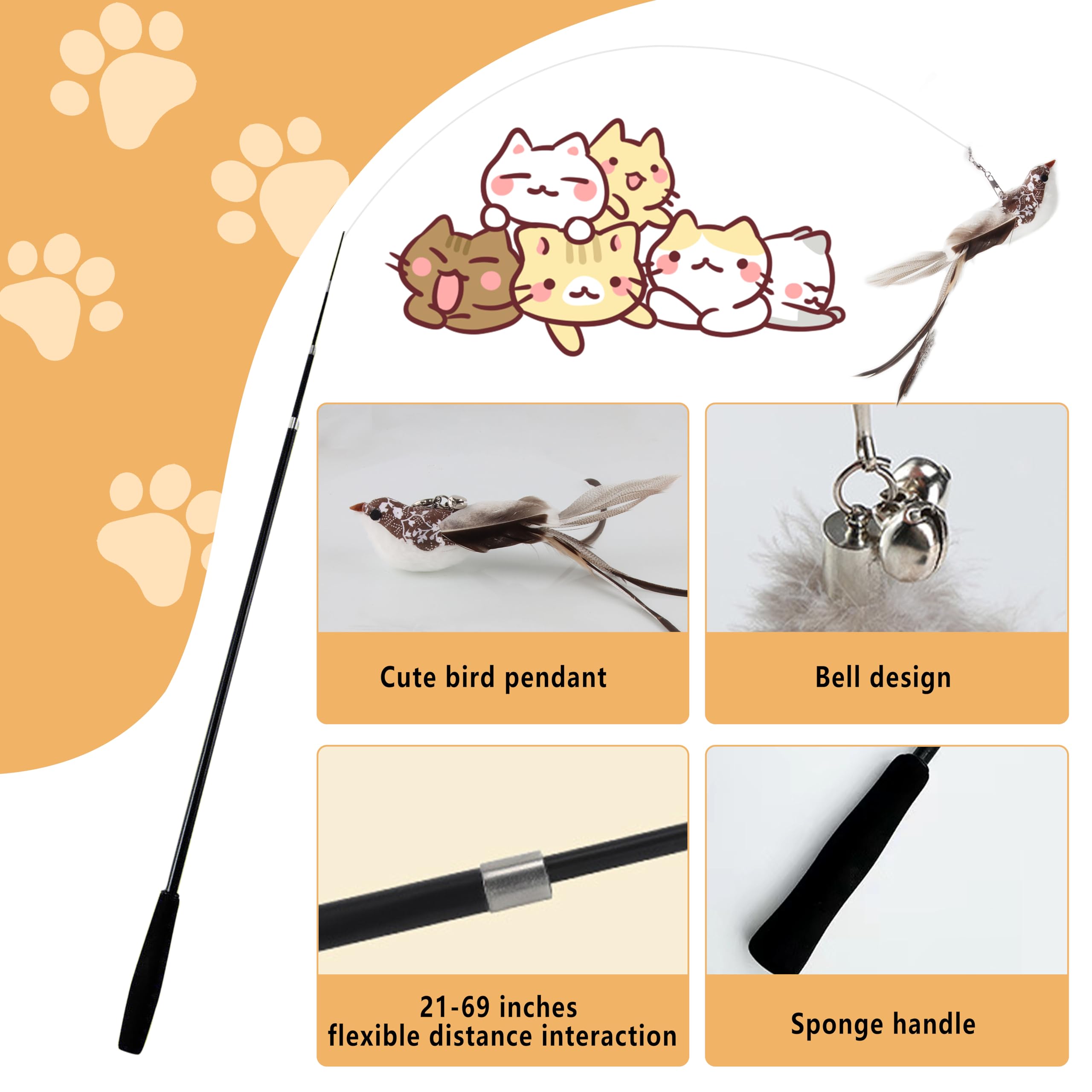 ACTOYS Giochi per Gatti in Casa, Canna Pesca Gatto, 69 inches, Giochi Gatto Interattivi, Canna Pesca Fissa Gatti (Lungo)