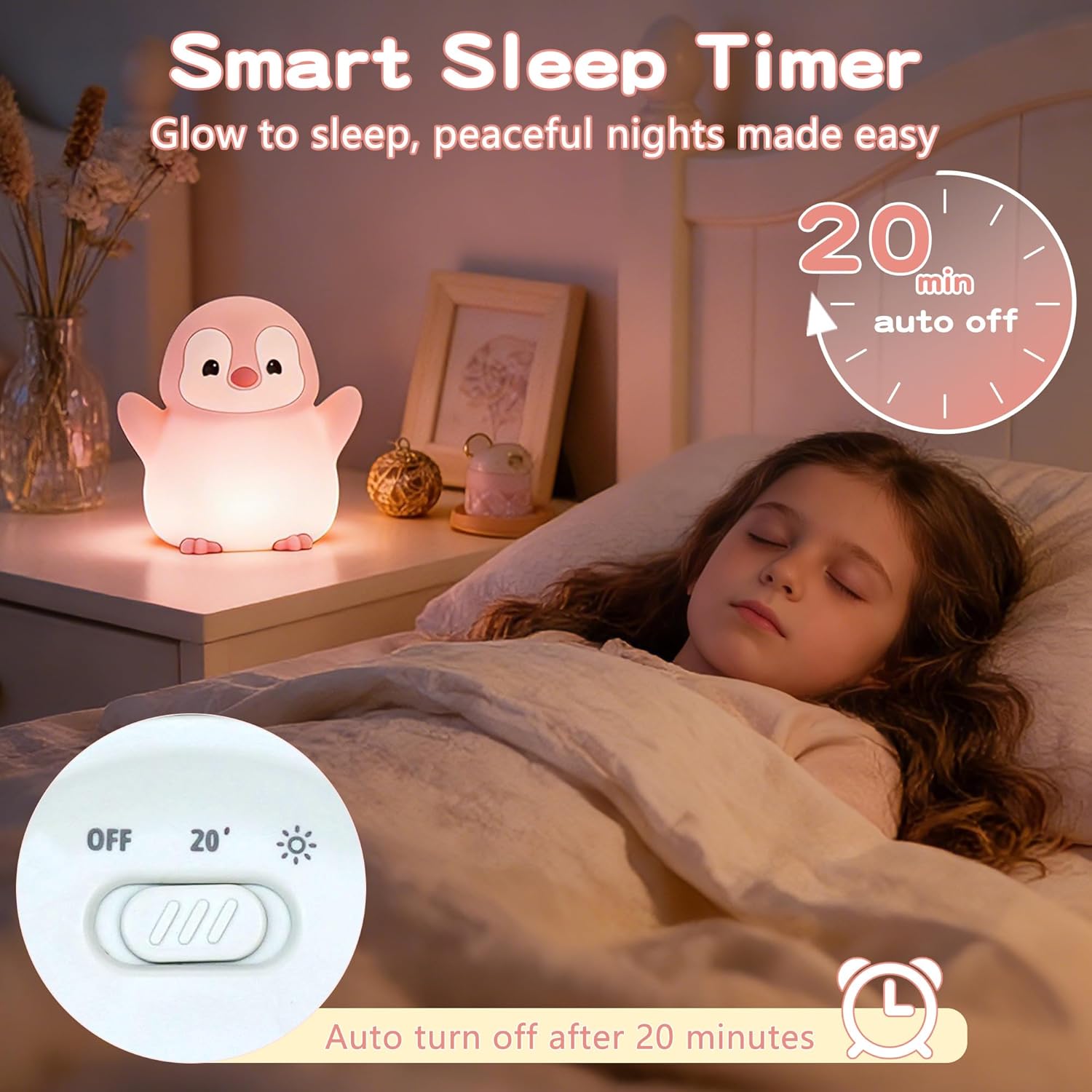 Penguin Night Light for Kids,Cute Pink Penguin Lamp,Soft Silicone Nursery Nightlight,LED Squishy Novelty Animal Bedside Lamp,Rechargeable/Dimmable/Timer,Room Deco,Christmas Gifts for Mom Girls Baby - Image 3