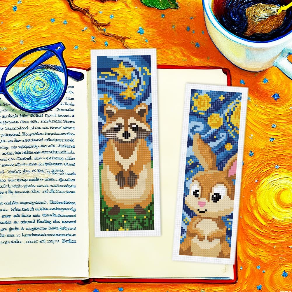 INFUNLY 6pcs Starry Sky Animals Cross Stitch Bookmark Kits for Adults Cat Dog DIY Cross Stitch Kit with Instructions Pre-Printed Art Fox Rabbits Stamped Embroidery Bookmark Kit for Book Readers Gift