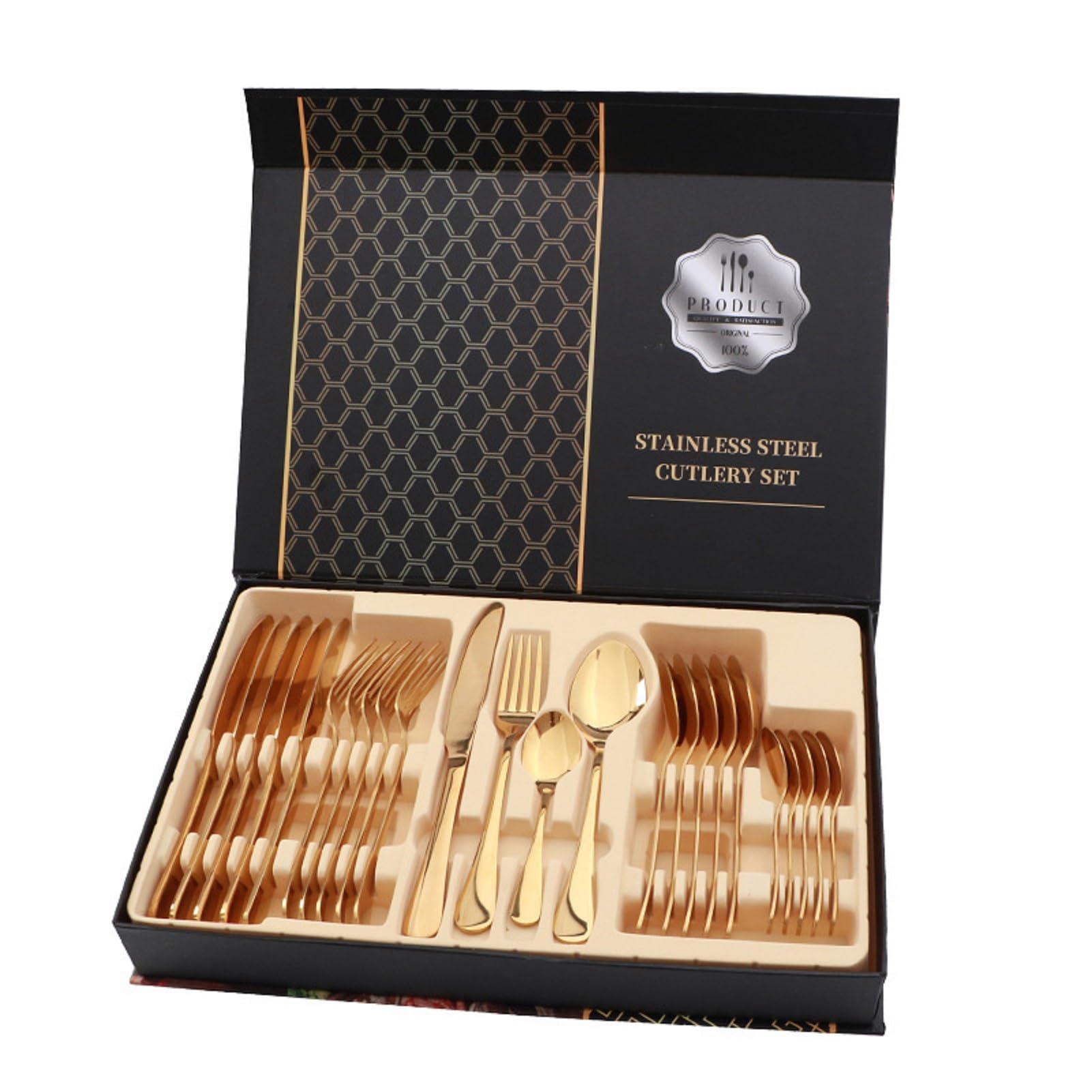 24 pièces ensemble de couverts en acier inoxydable fourchette à Steak cuillère ensemble finition miroir couverts pour usage domestique Restaurant (Golden)