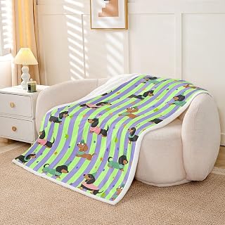 Castle Fairy Dachshund Dog Throw Blankets,30"×40" | Striped Fleece Blanket for Kids & Adults,Stars Polka Dot Sherpa Blanket for Chair Sofa Bed Decor Green Purple
