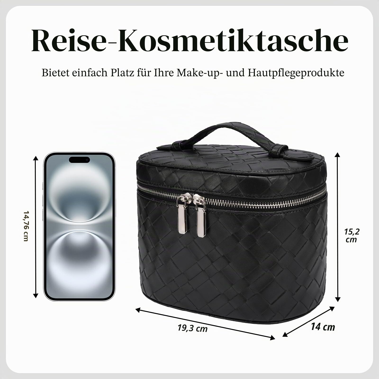 honitty Make-up-Tasche, Reise-Make-up-Tasche mit Fächern und Griff, tragbare Kosmetik-Organizer-Tasche, Kulturbeutel für Damen, Großes Gewebe, schwarz (19,3 x 14 x 15,2 cm), M(7.6*5.5*6 in), Schwarzes
