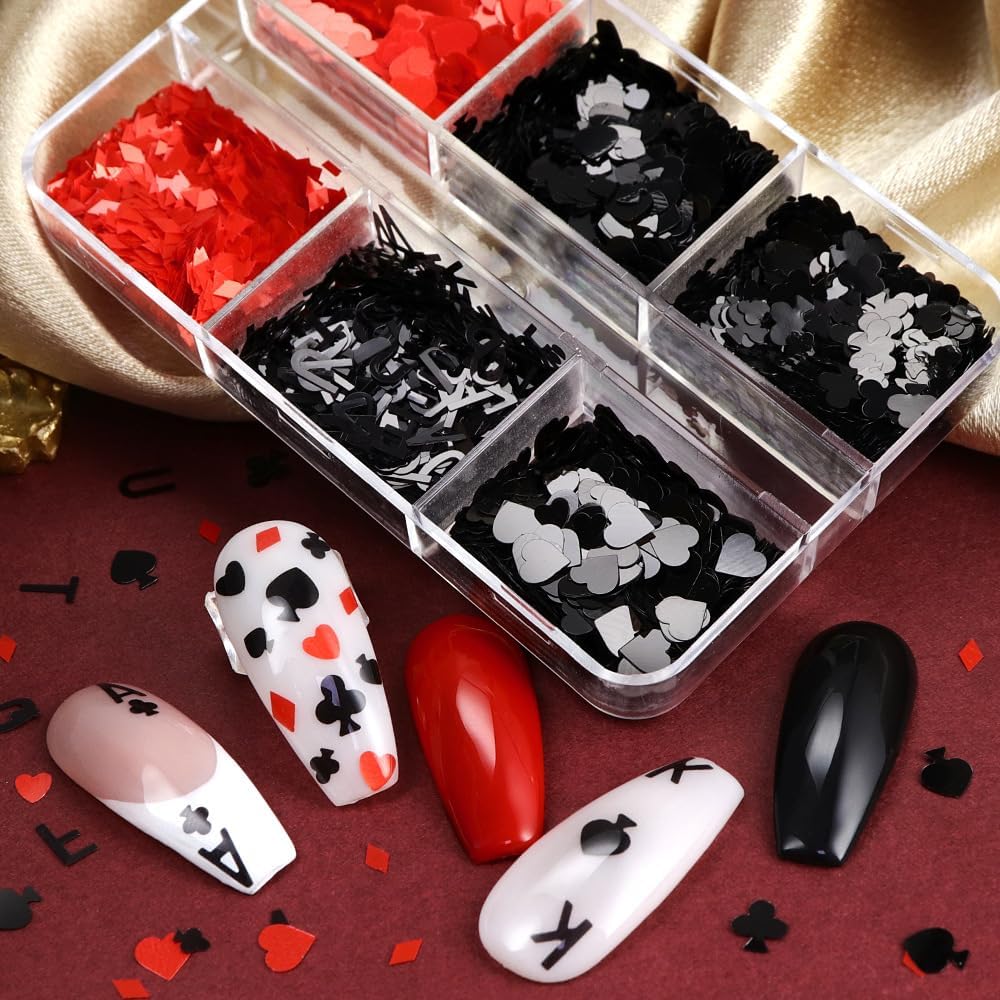 Poker Nail Art Confetti Sequin Playing Cards Nail Flakes with Hearts Clubs, Diamonds, Spades 6 Grids 3mm Chunky Glitter Decoration for Women DIY Manicure Decals