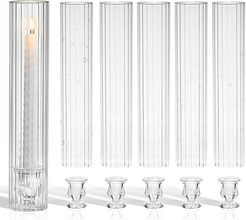 Miniatura 9 de CHILL RECIPE Juego de 6 portavelas de cristal Hurricane, con tapas cilíndricas transparentes de 14 pulgadas de alto para mesa de boda, centro