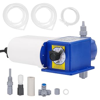 Diaphragm Metering Pump for Chemical Laboratory Dosing 30 GPD 4.72 LPH 100 PSI Adjustable Flow PVC Liquid End with Ceramic Ball Valves Includes Suction & Discharge Tubing 3/8" Ports