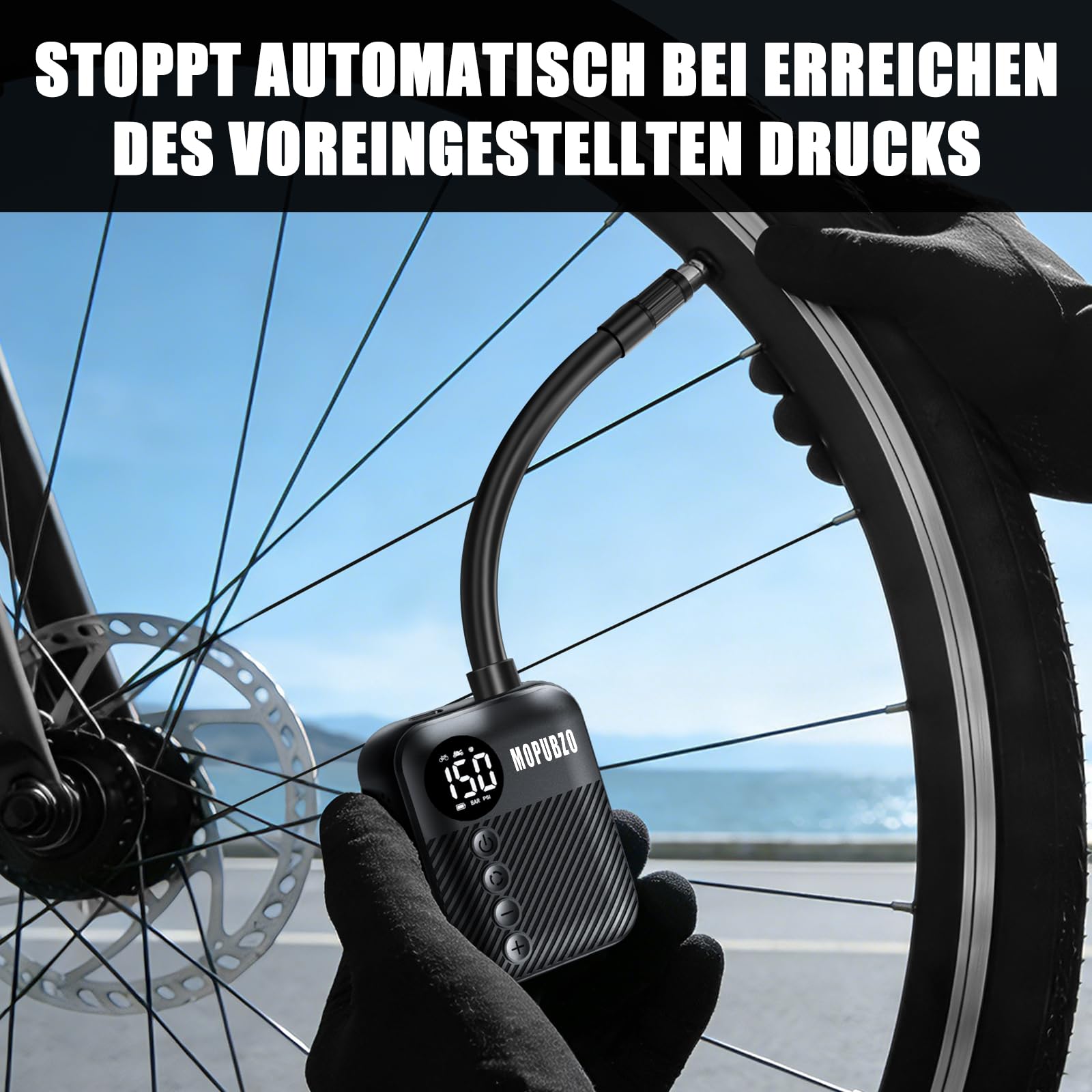 Tiny Fahrradpumpe Mit Manometer, 150 PSI Elektrische Luftpumpe, Automatische Abschaltung Elektro Minipumpe, Kompatibel Mit Den Meisten Luftventilen, Schnelles Aufpumpen Für E-Bike, MTB Und Rennrad