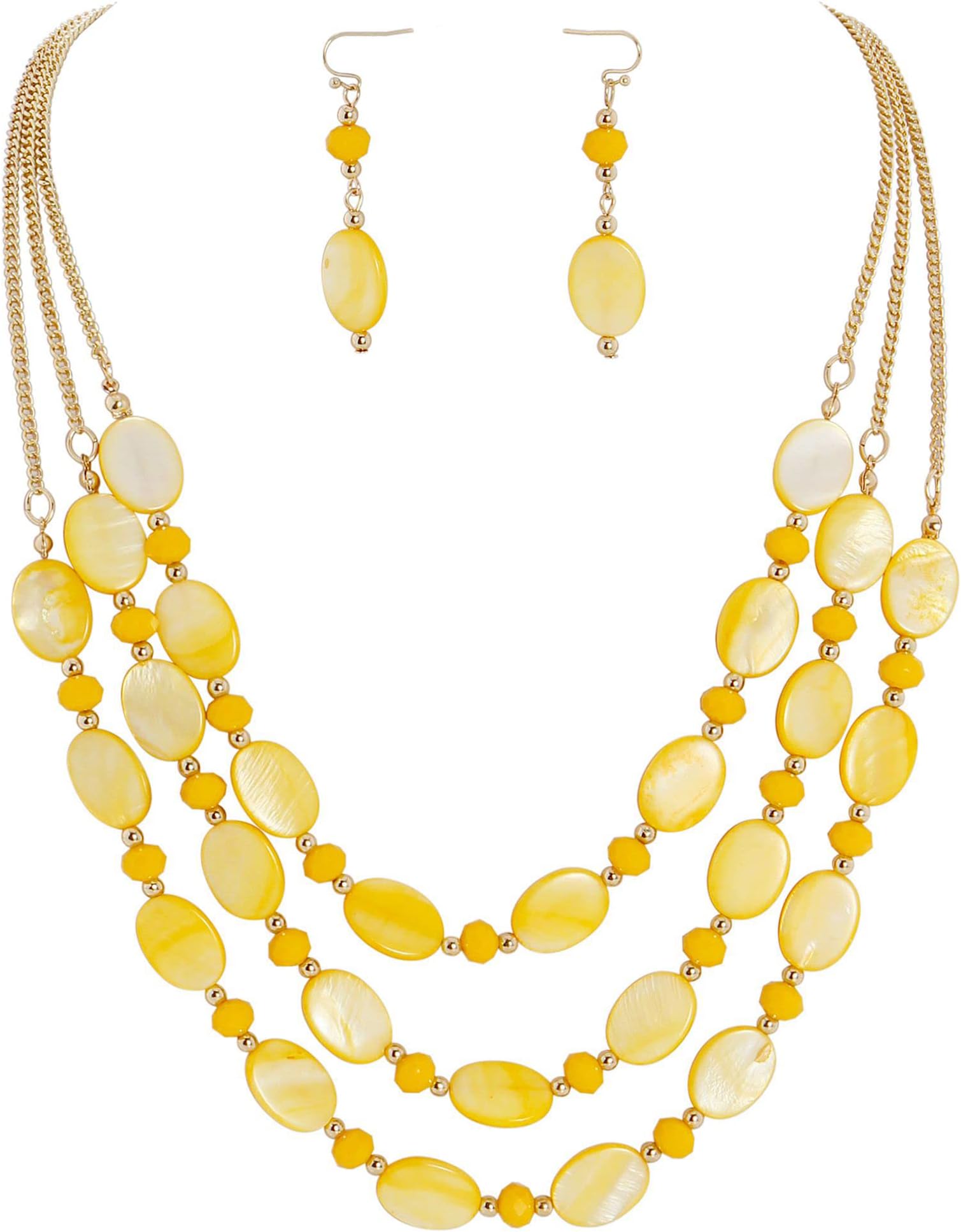 Firstmeet3 Layered Mother of Pearl Beads Necklace with Earrings Shell Beads Pendant Jewellery for Women, No Gemstone