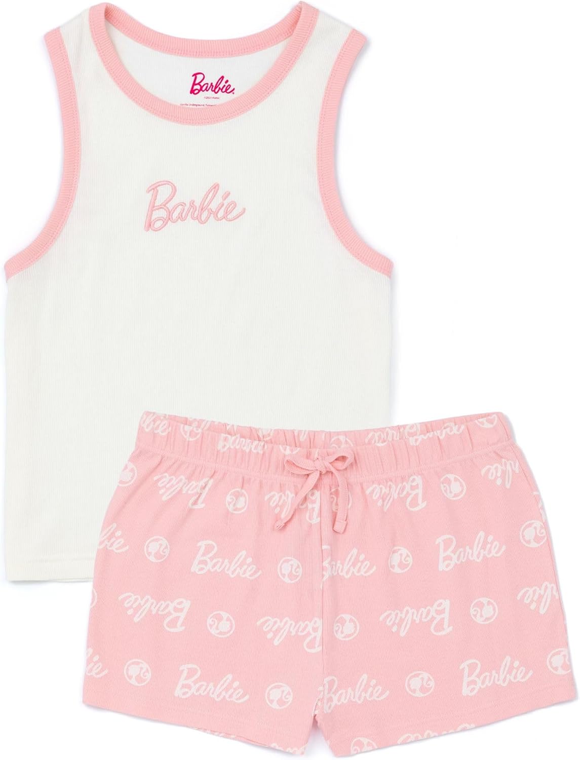 Barbie Ladies Pajama Set | Womens Ribbed White Vest & Pink All Over Print Elasticated Shorts | Fashion Doll Graphic Sleepwear