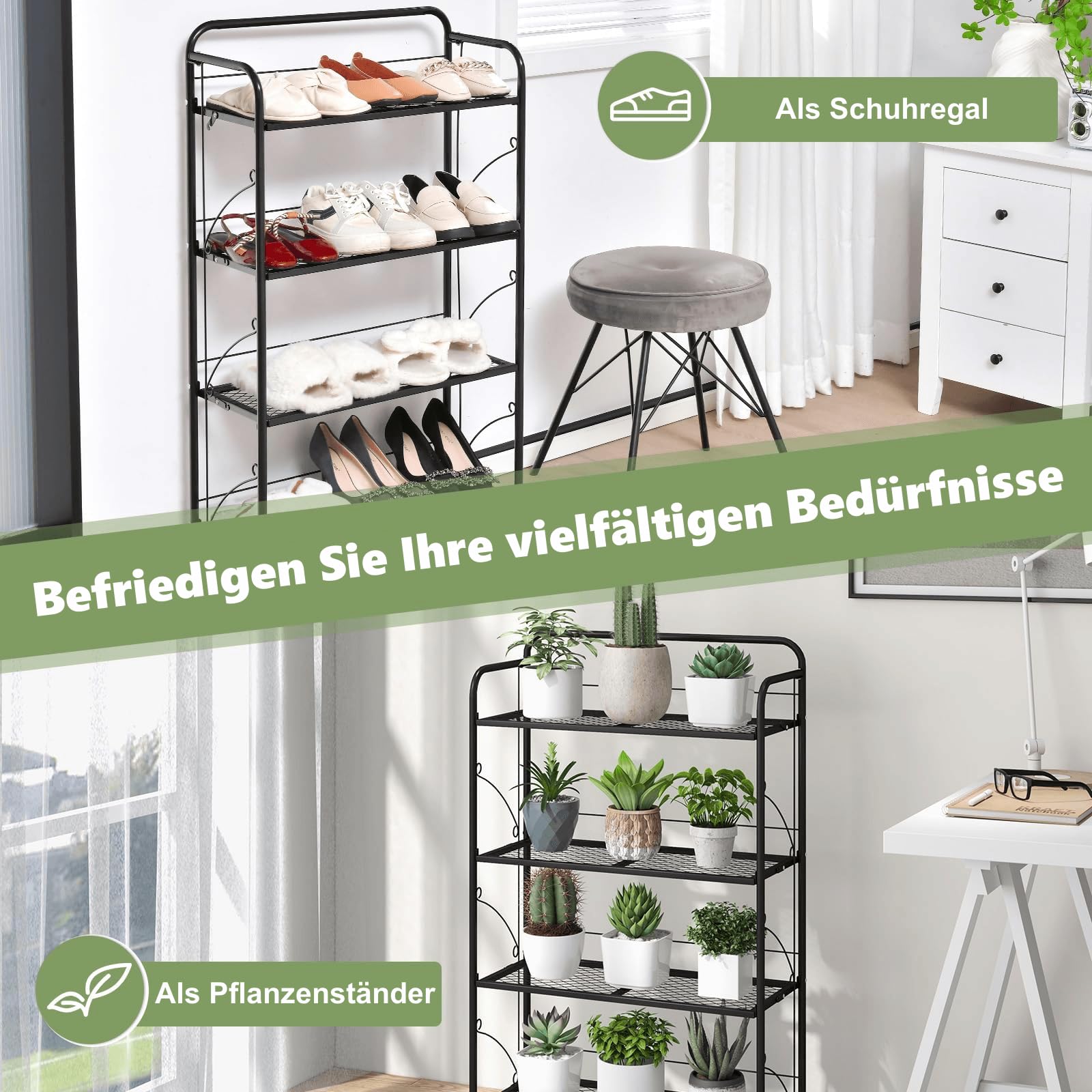 RELAX4LIFE 4-stufiges Pflanzenregal Klappbar, Blumenständer aus Metall, Blumentreppe mit Verstellbarem Regal & Fußpolster, Pflanzentreppe für Garten Terrasse Balkon, 60x25x100cm