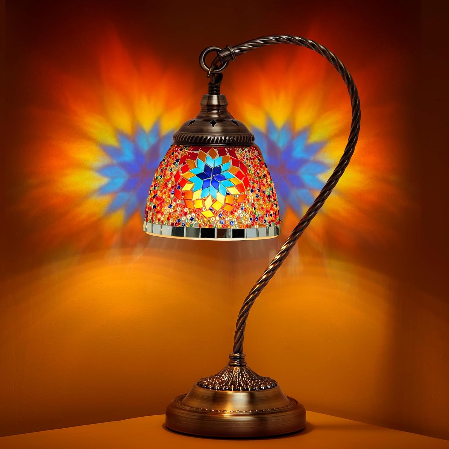Baquler Turkish Moroccan Table Lamp Handmade Glass Swan Neck Bedside Lamp Bohemian Moroccan Decorative Night Light for Bedroom, Office, Living Room, Gift (Elegant Style)