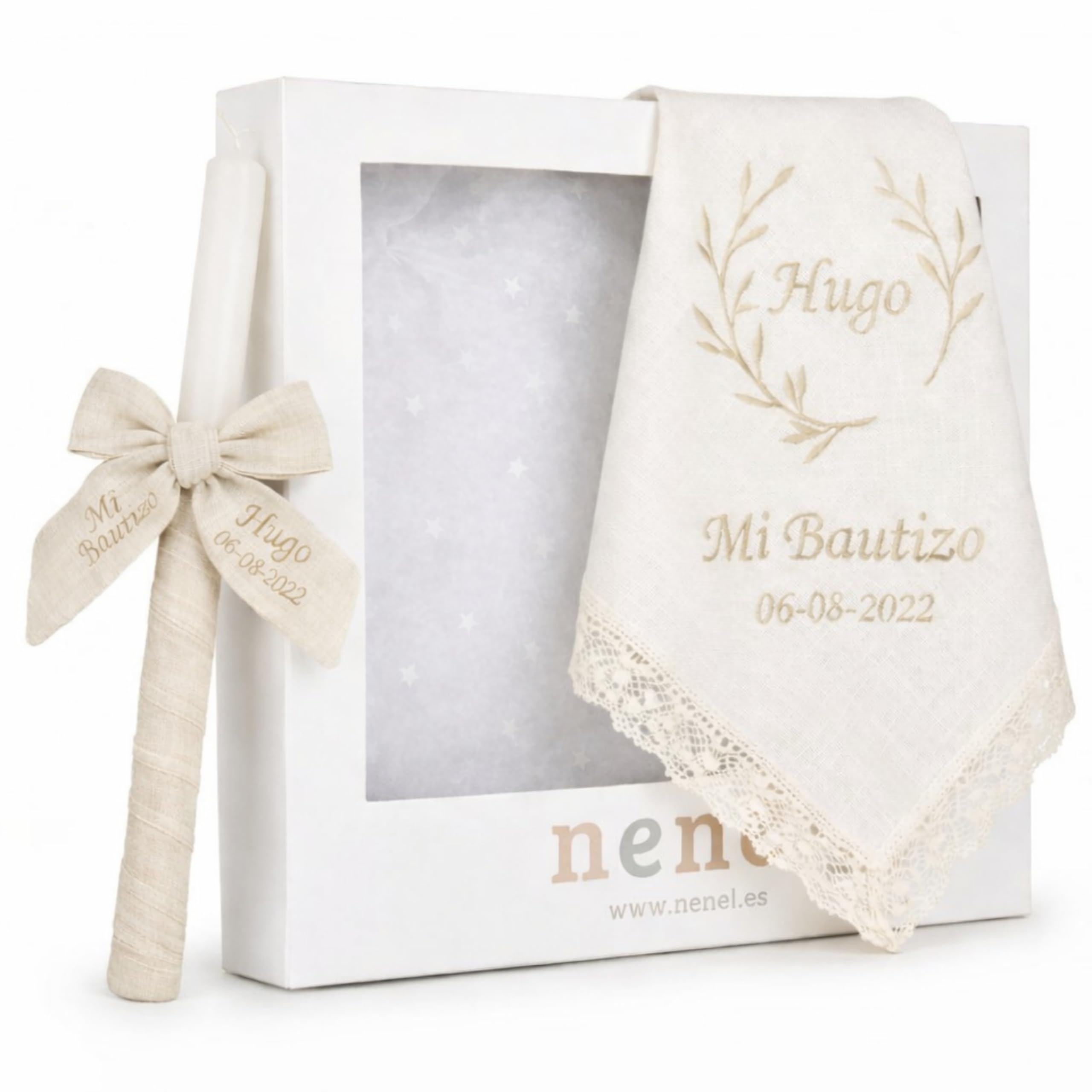Bambule Beige Kit de Bougie et Mouchoir Personnalisé pour Baptême
