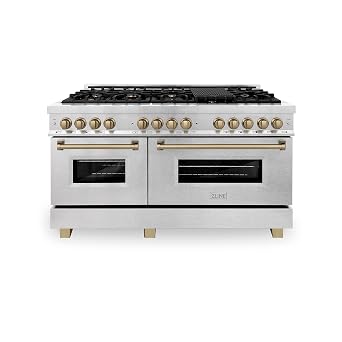ZLINE Autograph Edition 60 in. 7.4 cu. ft. Legacy Dual Fuel Range with 9 Burner Gas Cooktop and 2 Electric Convection Ovens in Satin Stainless Steel and Champagne Bronze Accents RASZ-SN-60-CB