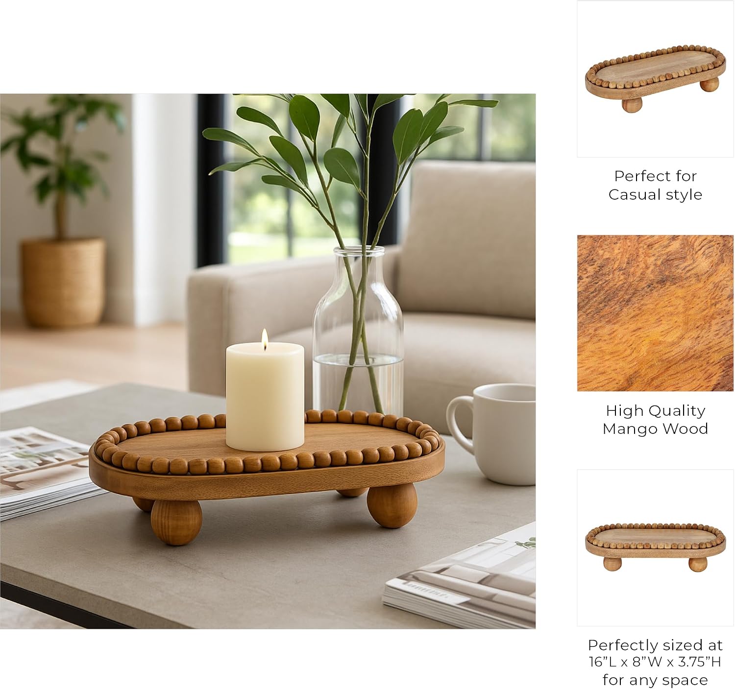 Tray for House and Coffee Table Decor – Elevated Wood Tray with Round Ball Feet for Centerpiece Table Decorations – Rustic Home Accent Perfect as Trinket, Jewelry, or Bathroom Vanity Tray – 4" Brown