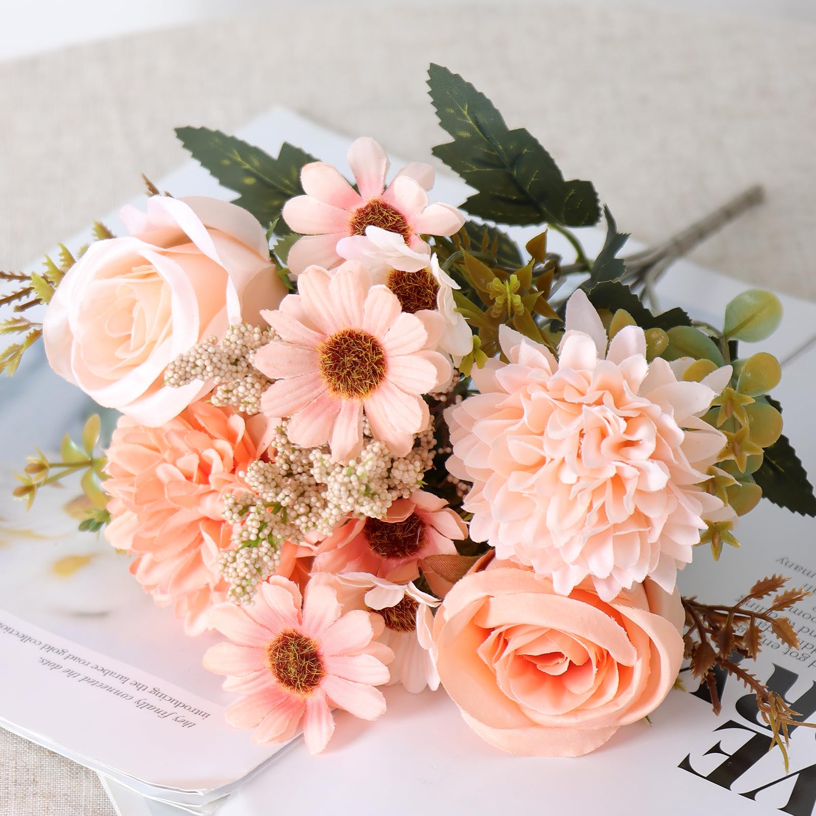 MEIVINES Artificial Flowers Artificial Rose Silk Flowers 2 Bunches Faux Rose Daisy Flower Bouquet for Wedding Party Table Centerpieces Floral Arrangement Home Kitchen Decor (Champagne - Image 4