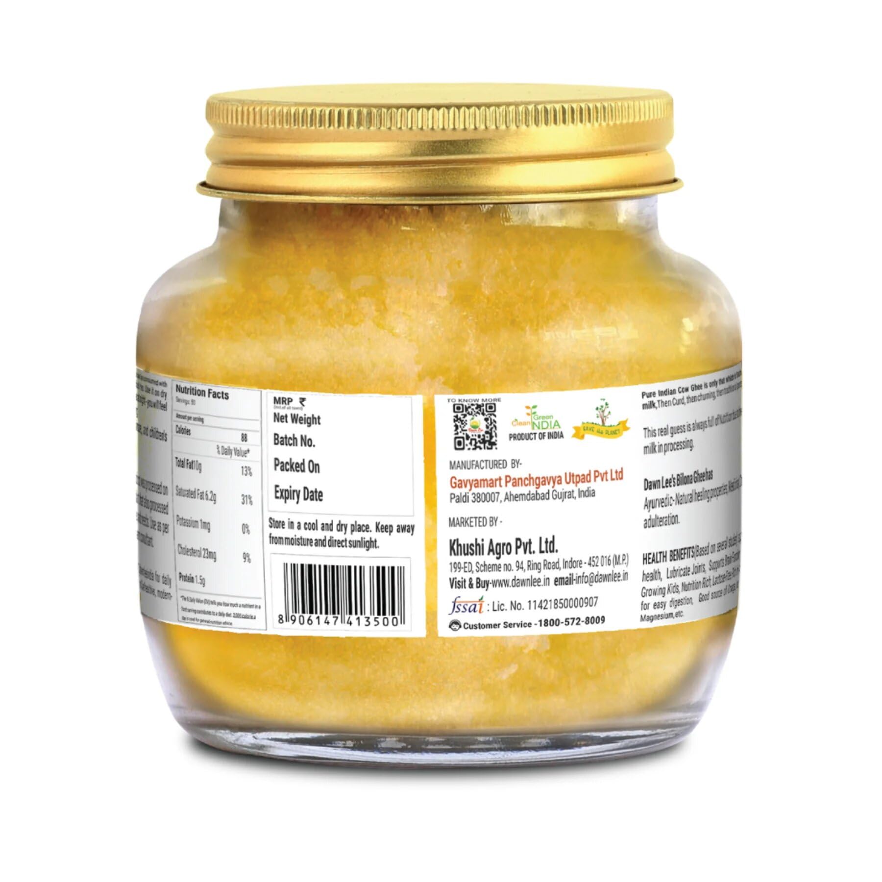 Dawn Lee Ghee Bilona A2 Ghee 250 ml Realizzato con processo di formazione di cagliata, rallentamento delle proprietà curative naturali promuove ossa forti muscoli e digestione fatto a mano puro sano