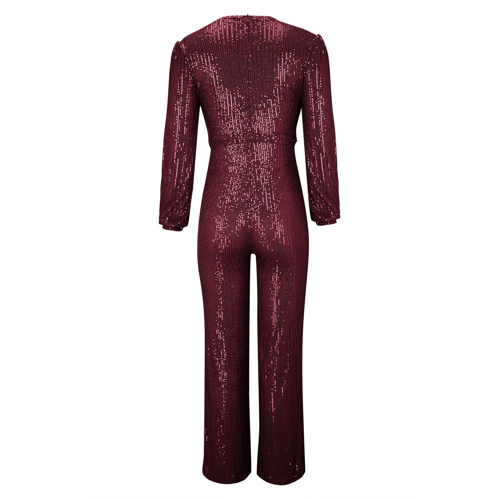 Combinaison à paillettes pour femme - Paillettes brillantes - Col en V - Manches longues - Barboteuse droite et large - Pantalon long, bordeaux, S