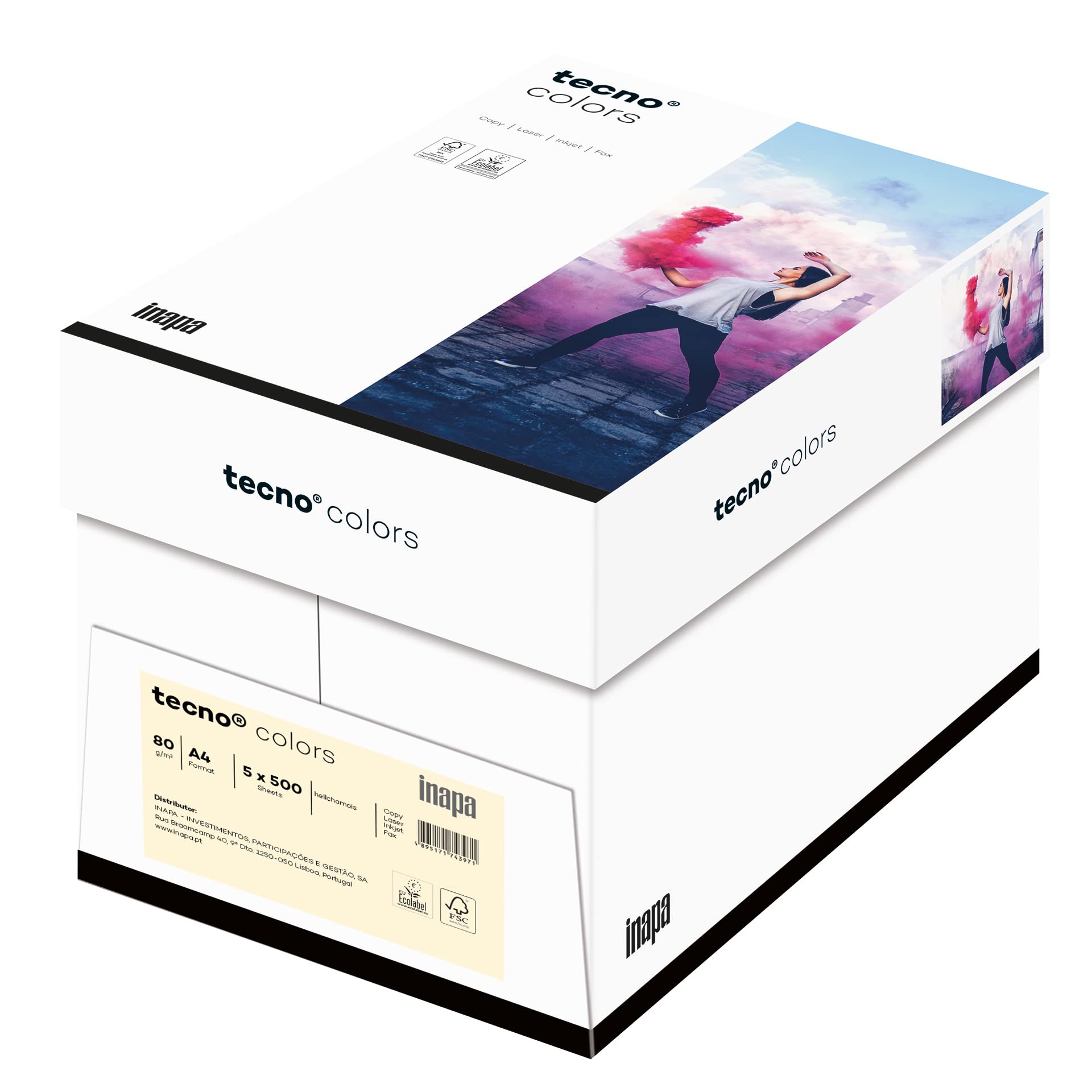 Inapa farbiges Druckerpapier, buntes Papier tecno Colors: 80 g/m², A4, 2.500 Blatt (5x500), hellchamois