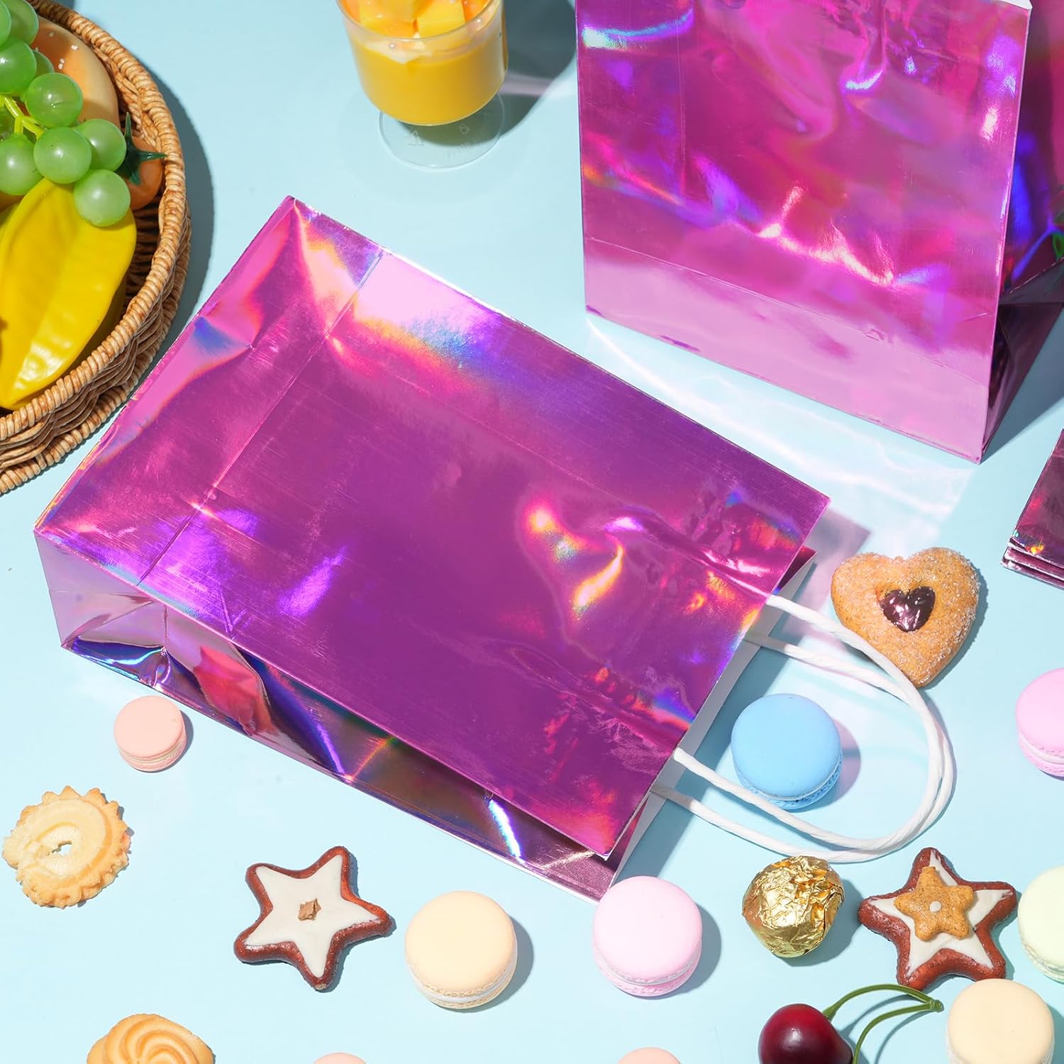 24 Pcs Iridescent Pink Gift Bags Decorations, Holographic Foil Party Favor Bags with Handles, Pink Paper Candy Goodie Bag with 24 Tissue Paper for Graduation Birthday Baby Shower Party Supplies - Image 4