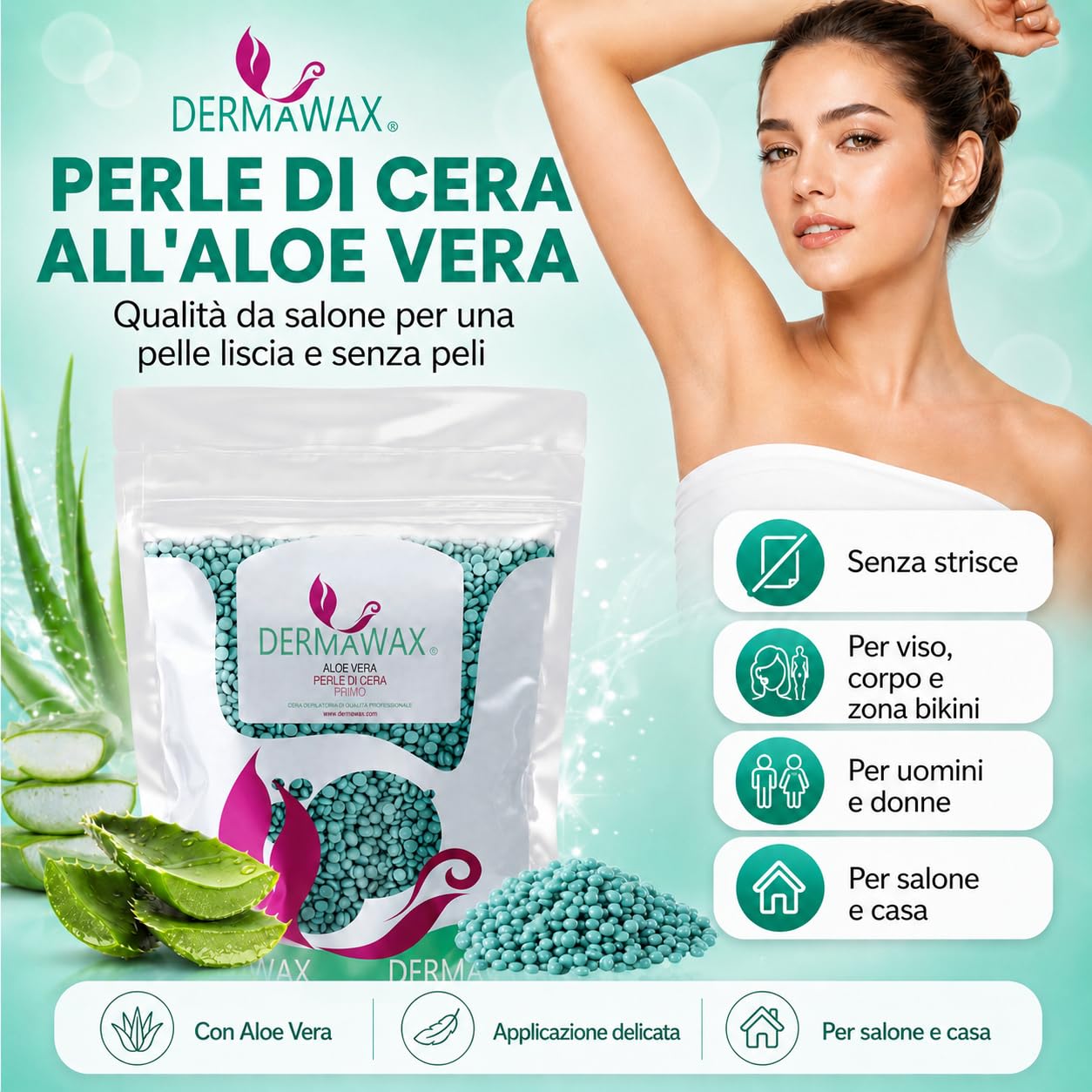 Dermawax Perle di Cera Aloe Vera 1 kg – Cera a Caldo Senza Strisce per Pelle Sensibile – Epilazione Professionale per Bikini, Viso e Corpo – Made in Italy