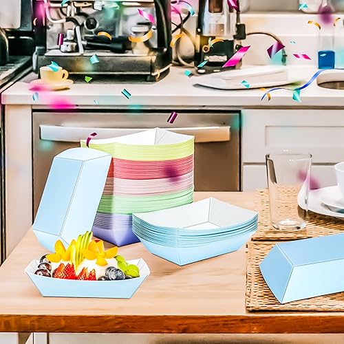 Miniatura 7 de MotBach Paquete de 120 bandejas de papel de colores de 2 libras, botes de papel desechables, botes de comida de colores para servir alimentos,