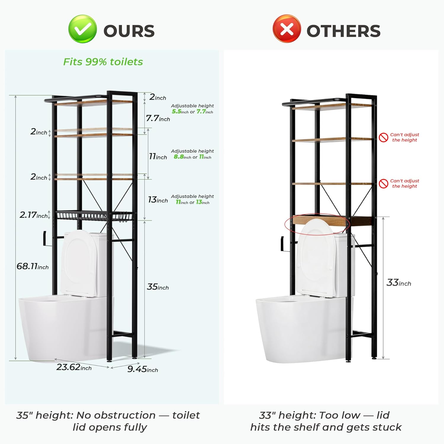 over-the-toilet storage shelf, 4-tier bathroom organizer shelf, freestanding space saver shelves over toilet with adjustable shelf for bathroom, brown