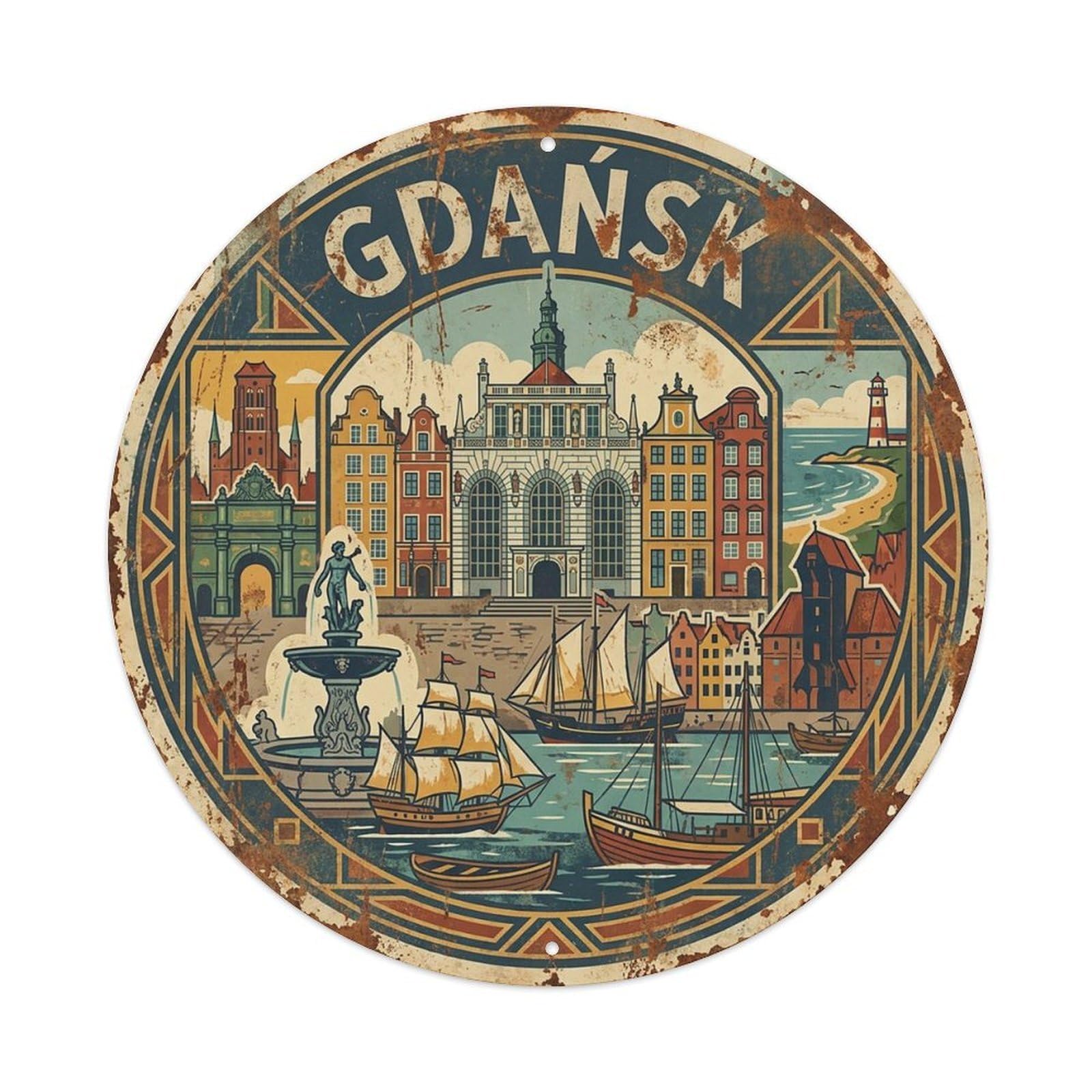 Retro Travel Poland Gdansk Vintage Metal Tin Sign Plaque Wall Decor for Cafe, Club Bar, Office, Garden Metal Poster 8x8Inch