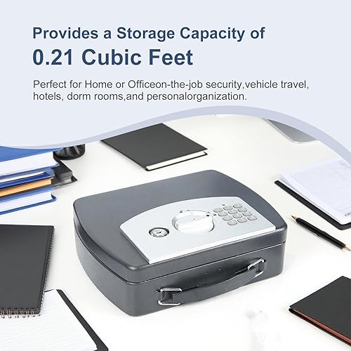 Miniatura 7 de Caja de seguridad negra con bloqueo de teclado digital, pequeña caja fuerte de viaje de acero con asa de transporte para dinero (0.08 pies cúbicos)