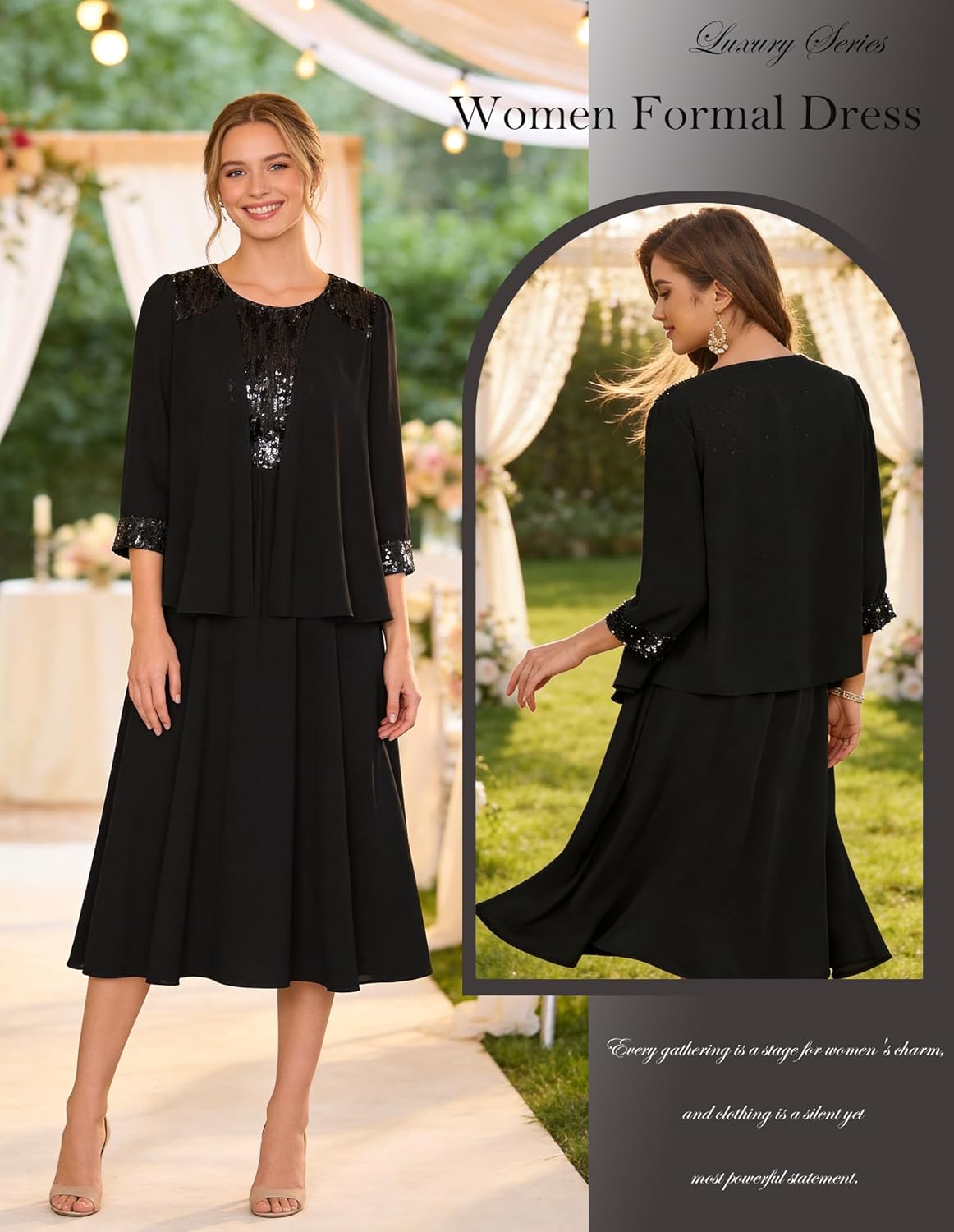 GRACE KARIN Wedding Guest Dress,Mother of The Bride Dresses,Two Piece Formal Sequin Dress with Jacket Tea Length 2026 - Image 3