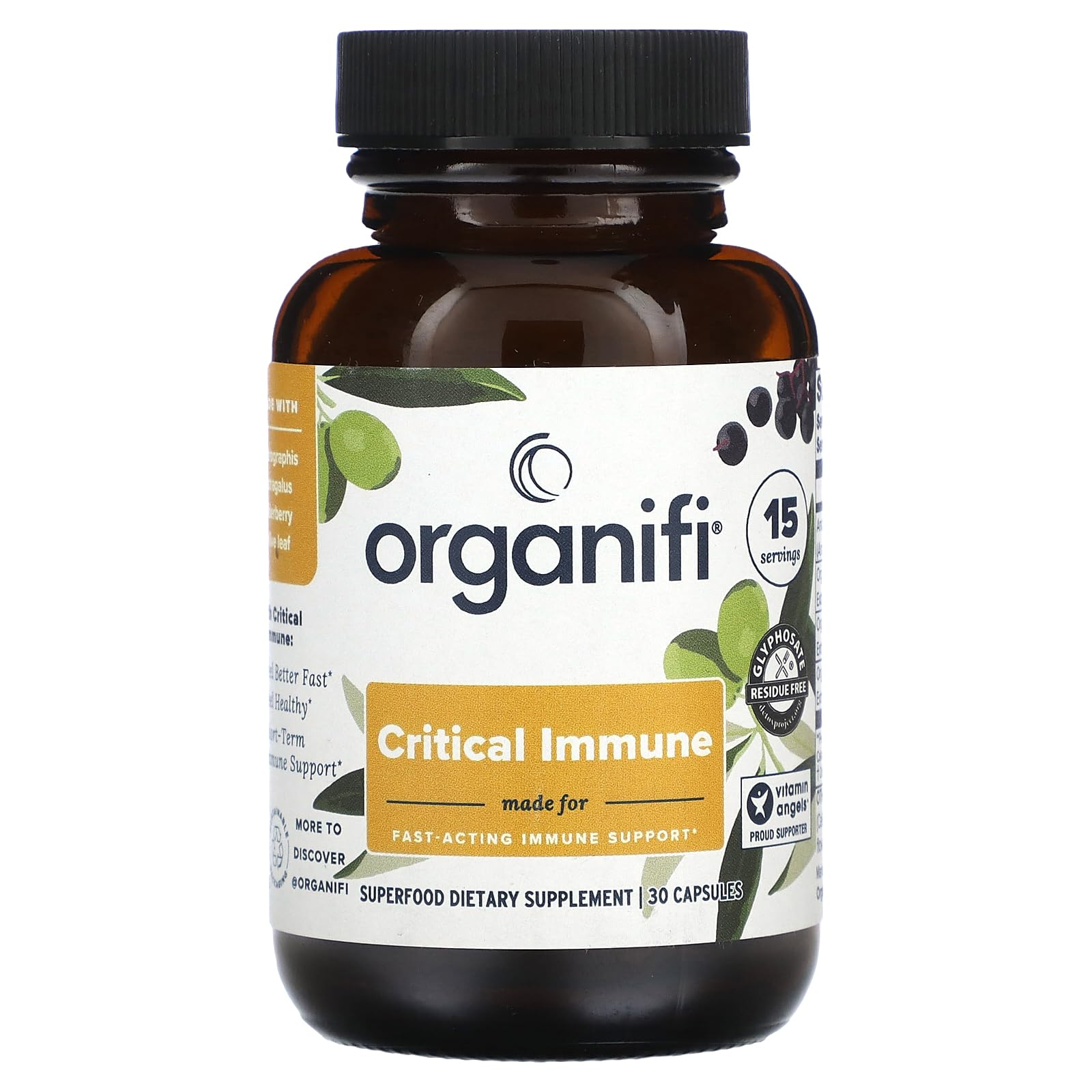 Organifi - Critical Immune - Superfood Immune Support Blend - 30 Capsules - Powerful Blend of Elderberry, Andrographis, Astragalus and Olive Leaf Extract - Rich in Vitamin C and Antioxidants