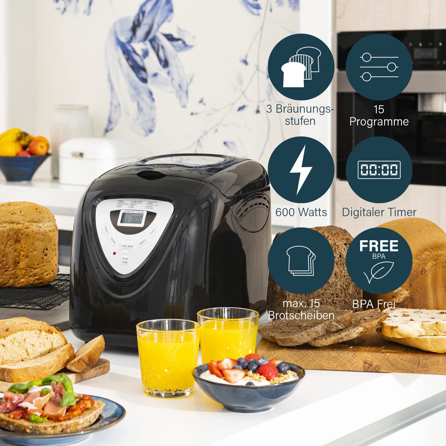 Princess Brotbackautomat 600 W Cool Touch, Kapazität von 680-900g, Digital-Timer und Warmhaltefunktion, ideal für Spezialdiäten oder bei Allergien, Krustenfarbe hell, mittel und dunkel, Schwarz