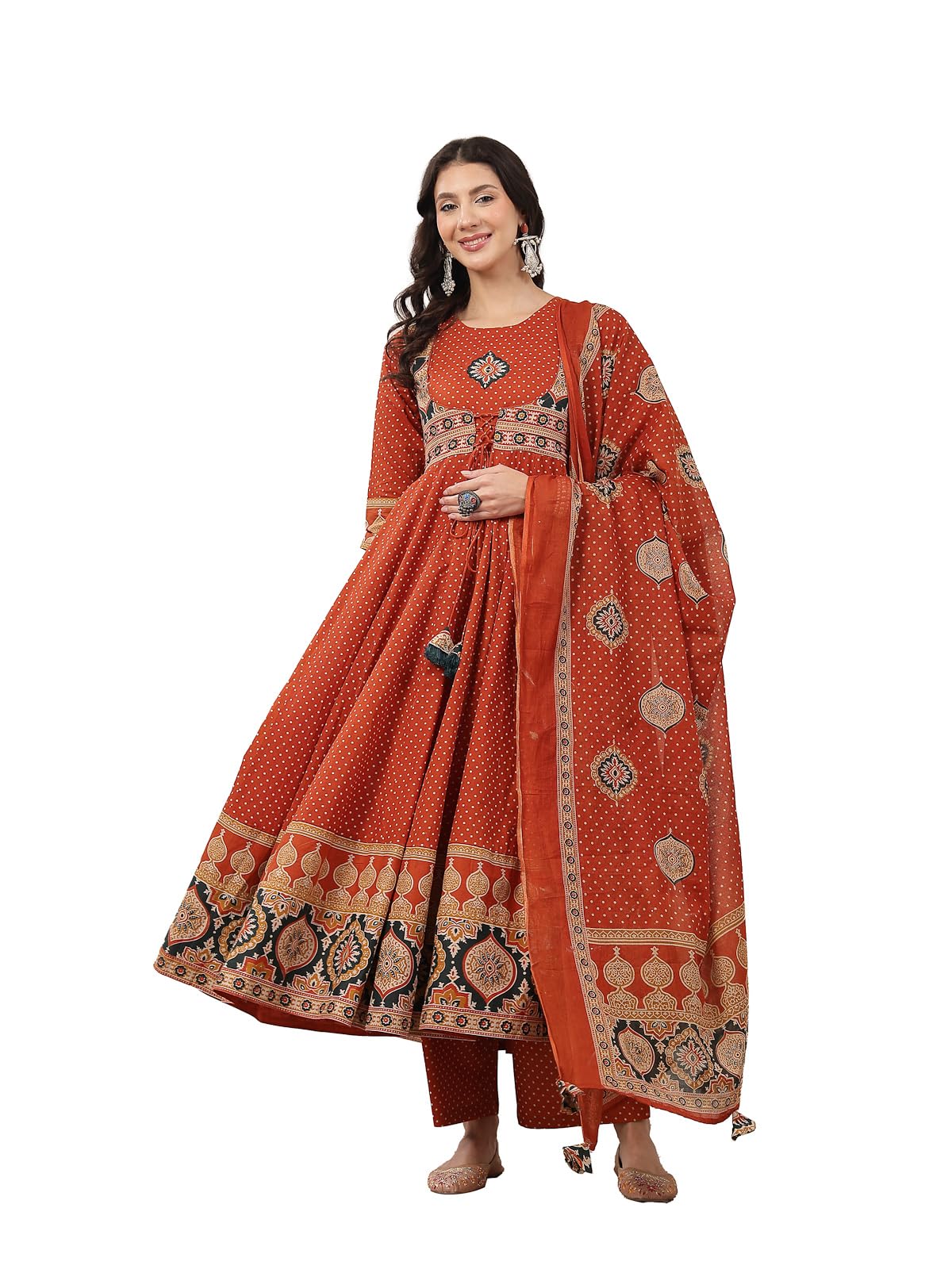 kimayra Women's Cotton Calf Length Printed Flared Kurta Suit Set,-picture-22